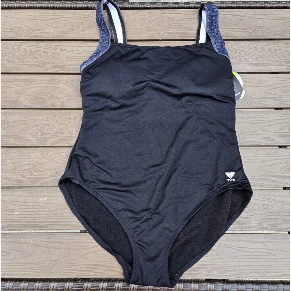 TYR Women's Durafast Elite Black Mantra Square Neck Control Fit Swim Sz 24 New
